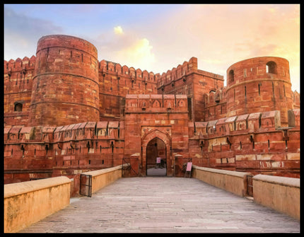 Ein Leinwandbild vom Agra Fort in Indien bei Sonnenuntergang.