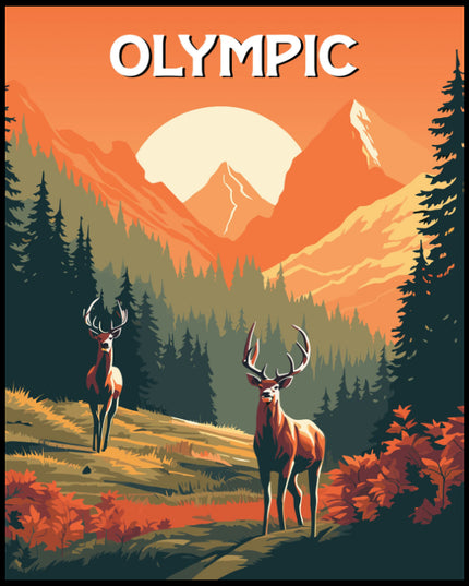 Ein Poster vom Olympic Nationalpark zeigt Hirsche vor einer atemberaubenden Bergkulisse im Sonnenuntergang.