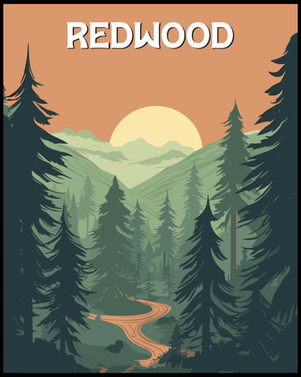 Ein Poster von einer malerische Landschaft des Redwood Nationalparks mit hohen Bäumen und einem Sonnenuntergang.