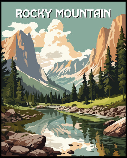 Ein Poster vom Rocky Mountains Nationalpark zeigt majestätische Berge und einen ruhigen Fluss.