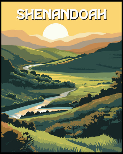 Ein Poster vom Shenandoah Nationalpark, das ein malerisches Tal mit einem Fluss bei Sonnenuntergang zeigt.