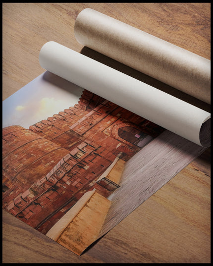 Ein Poster vom Agra Fort in Indien bei Sonnenuntergang, gerollt auf einer Holzoberfläche liegend