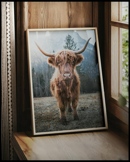 Ein gerahmtes Poster von einem Highland-Rind, das in einer Gebirgslandschaft steht, vor einem Fenster an die Wand angelehnt