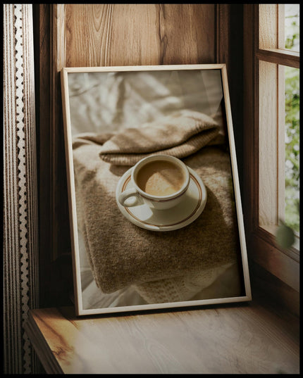 Ein gerahmtes Poster von einer Tasse Kaffee auf einem gemütlichen, beigen Pullover, vor einem Fenster an die Wand angelehnt